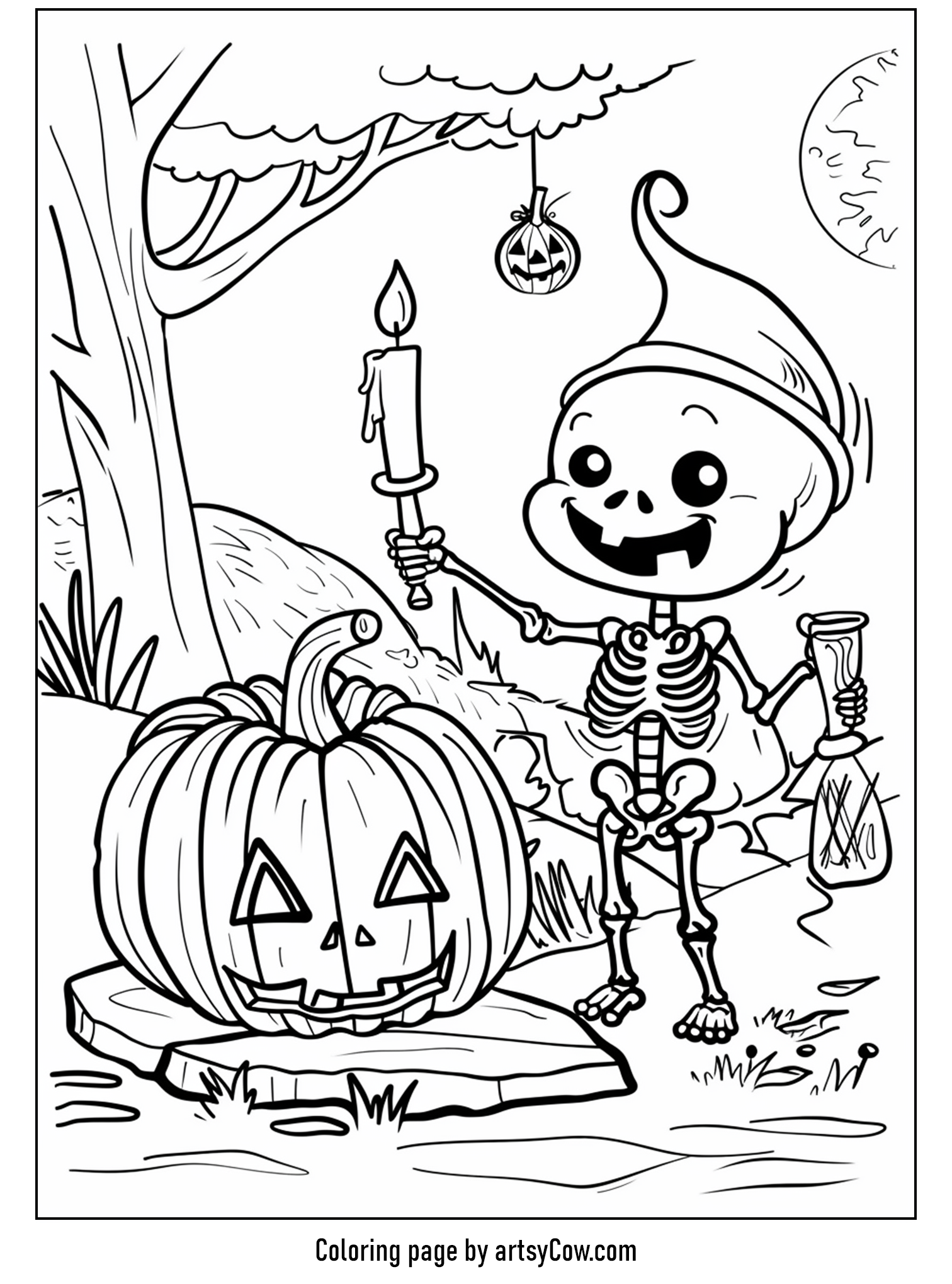 halloween pumpkin drawings for kids, depicting a playful skeleton holding a candle next to a cheerful pumpkin.